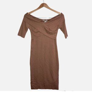 Zara Trafaluc Cross Front Off Shoulder Body Con Dress Tan Nude MIDI Dress Size M